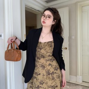 Red Tea Rose French Vintage Ink Wash Printed Slimming Long Dress - Slightly Chubby Fit, Perfect for 90s and Y2K Inspired Looks