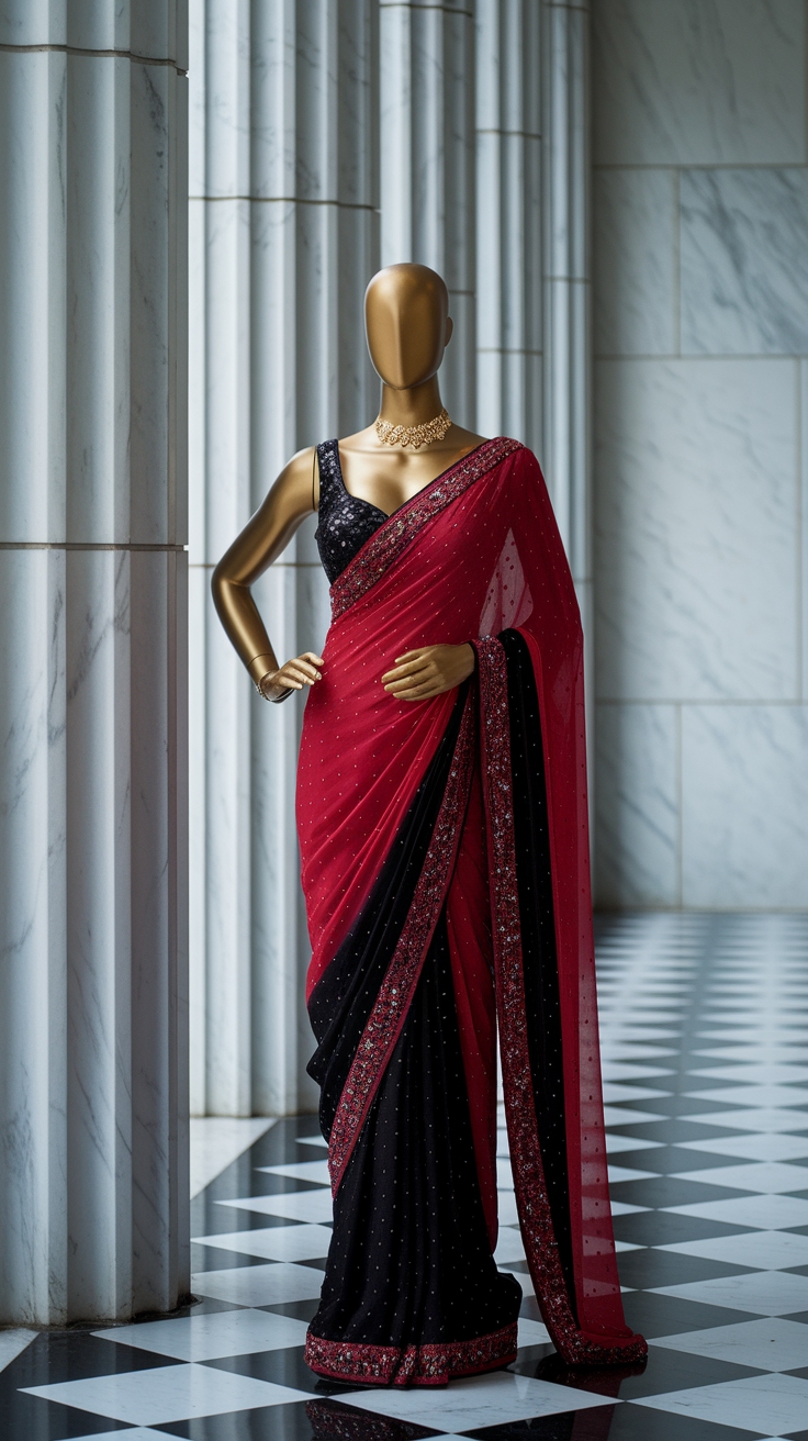 Stunning Red and Black Saree for Festive Occasions outfit idea