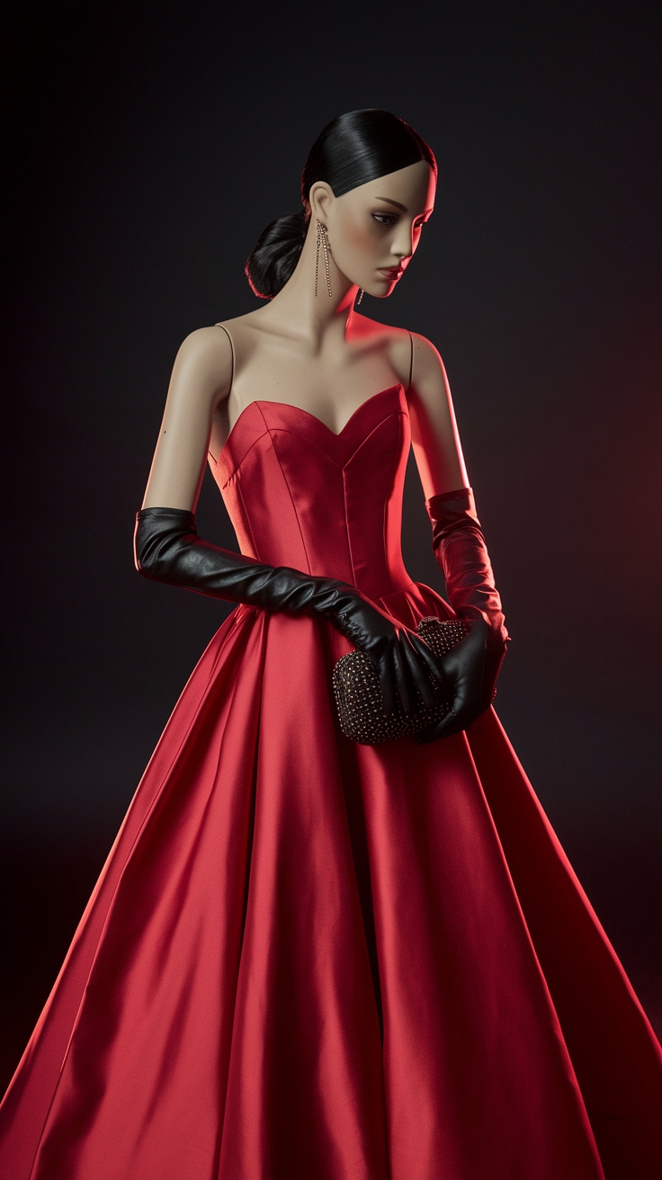 Pairing a Red Dress and Black Gloves for Timeless Glam outfit idea