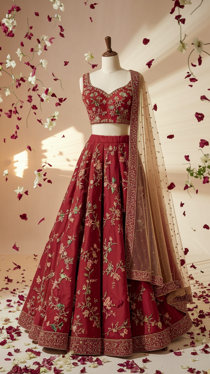 Elegant Red Floral Lehenga for Festive Celebrations outfit idea