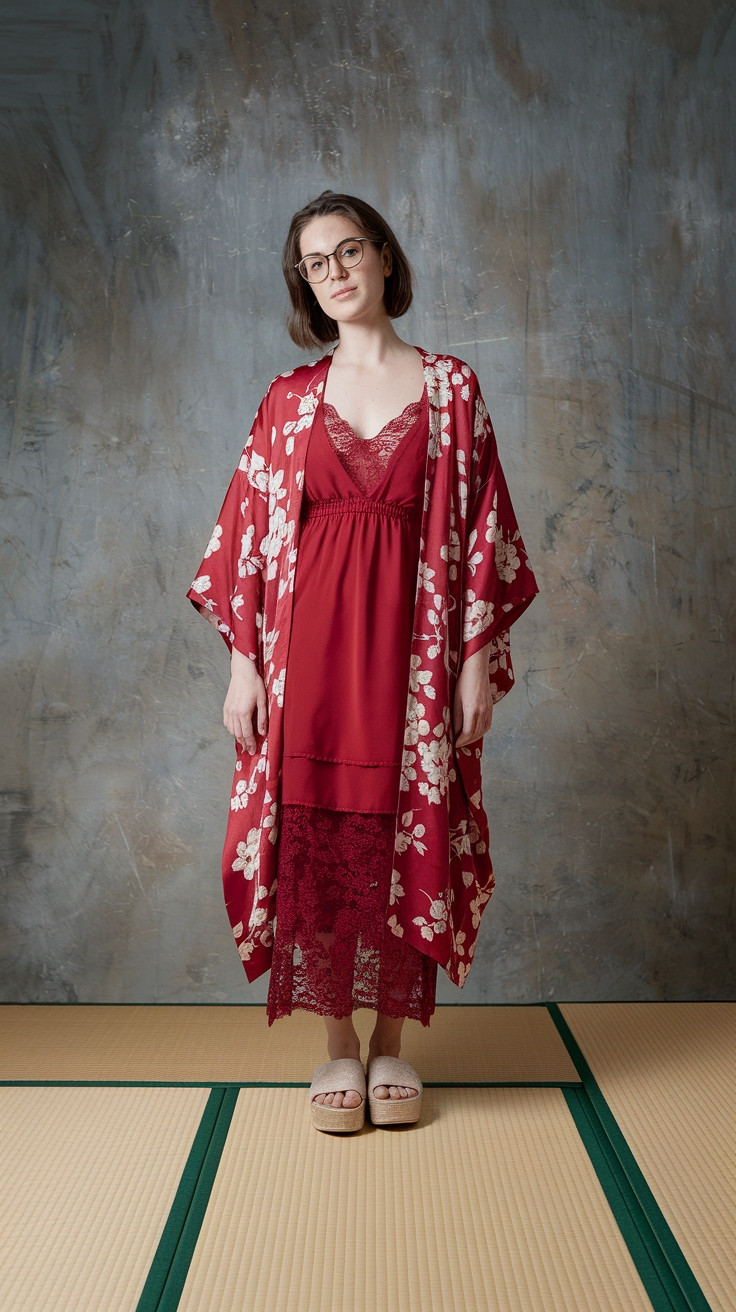 Fashionable Red Kimono Outfit for Relaxed Days outfit idea
