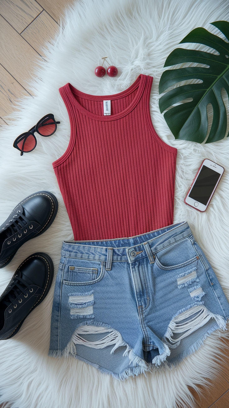 Trendy Red Tank Top Outfit for Hot Weather outfit idea