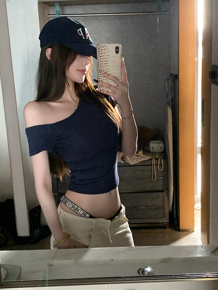 Relaxed Style Asymmetrical Shoulder Strap Short Sleeve T-Shirt for Women - Summer Slim Fit Top with Chest Pad Relaxed Style Asymmetrical Shoulder Strap Short Sleeve T-Shirt for Women - Summer Slim Fit Top with Chest Pad