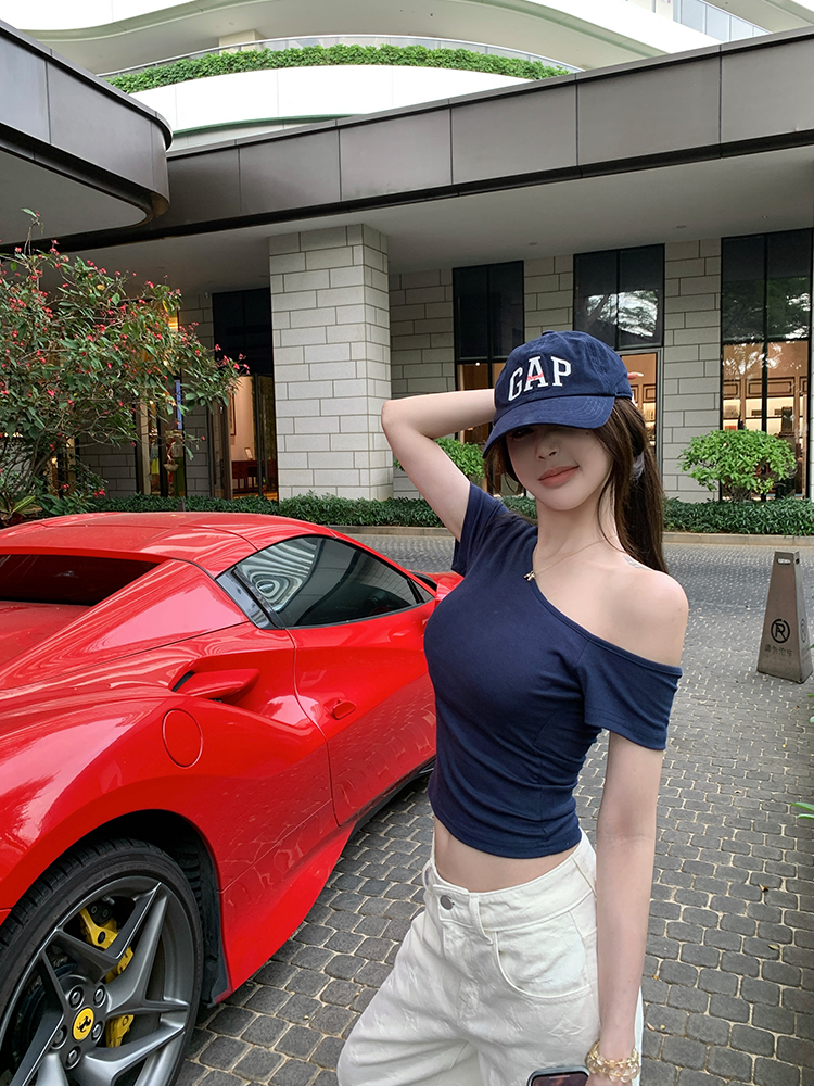 Relaxed Style Asymmetrical Shoulder Strap Short Sleeve T-Shirt for Women - Summer Slim Fit Top with Chest Pad Relaxed Style Asymmetrical Shoulder Strap Short Sleeve T-Shirt for Women - Summer Slim Fit Top with Chest Pad