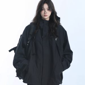 Retro American High-Neck Windbreaker Jacket for Women - Loose Waterproof Windproof Outdoor Black Jacket