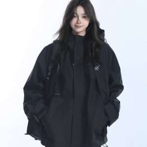 Retro American High-Neck Windbreaker Jacket for Women - Loose Waterproof Windproof Outdoor Black Jacket