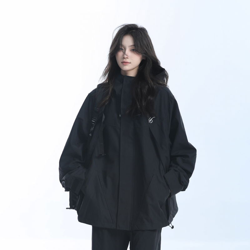 Retro American High-Neck Windbreaker Jacket for Women - Loose Waterproof Windproof Outdoor Black Jacket