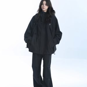 Retro American High-Neck Windbreaker Jacket for Women - Loose Waterproof Windproof Outdoor Black Jacket