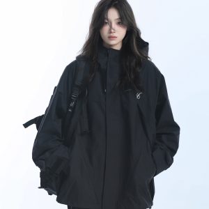 Retro American High-Neck Windbreaker Jacket for Women - Loose Waterproof Windproof Outdoor Black Jacket