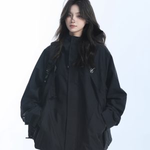 Retro American High-Neck Windbreaker Jacket for Women - Loose Waterproof Windproof Outdoor Black Jacket
