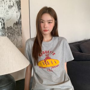 Retro American Hot Dog Embroidered T-Shirt for Women, Summer Loose-Fit Pure Cotton Top, Casual 90s Style