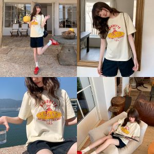 Retro American Hot Dog Embroidered T-Shirt for Women, Summer Loose-Fit Pure Cotton Top, Casual 90s Style