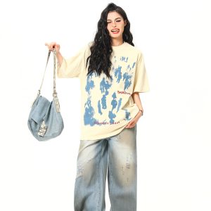 Retro American Life Graphic Printed Short Sleeve T-Shirt for Men and Women, Summer Casual Pure Cotton Couple Tee