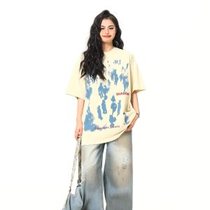 Retro American Life Graphic Printed Short Sleeve T-Shirt for Men and Women, Summer Casual Pure Cotton Couple Tee