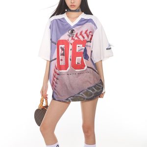 Retro American Sports Loose Jersey Football T-Shirt - Short Sleeve Spliced Mesh Top for Summer Street Style