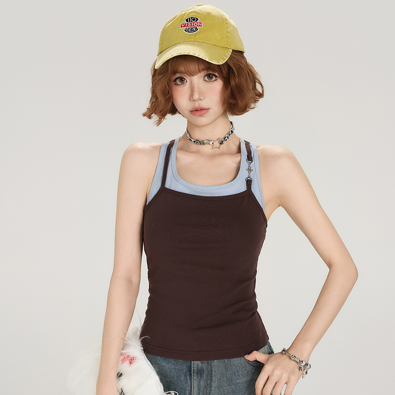 Retro American Style Fake Two-Piece Camisole for Women - Summer Spicy Girl Outerwear Top