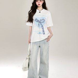 Retro American Vibe Wide-Leg Jeans for Women - Light-Colored Casual Draped Floor-Length Pants for Spring Fashion
