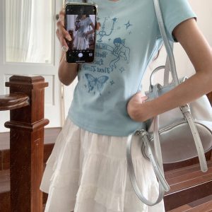 Retro Angel Print Slim Fit Short Sleeve T-Shirt for Women - Summer 2025 Style, Casual, Y2K, Trendy Top
