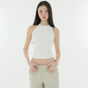 Retro Backless Twisted Knit Cropped Halter Top - Y2K Style, Perfect for Summer Outings and Festivals