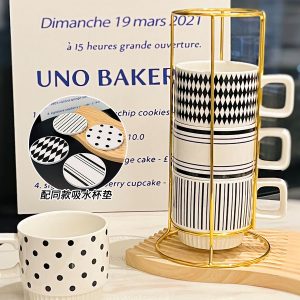 Retro Black and White Ceramic Hepburn Stacking Mug Set with Holder - Vintage Home Drinkware, Perfect for Kitchen Decor