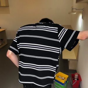 Retro Black and White Striped Short Sleeve Cotton T-Shirt for Men and Women - Oversized College Style Summer Top