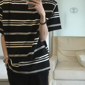 Retro Black and White Striped Short Sleeve Cotton T-Shirt for Men and Women - Oversized College Style Summer Top