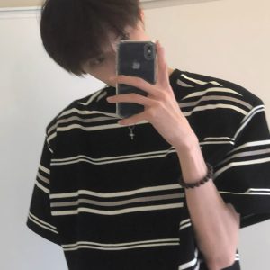 Retro Black and White Striped Short Sleeve Cotton T-Shirt for Men and Women - Oversized College Style Summer Top