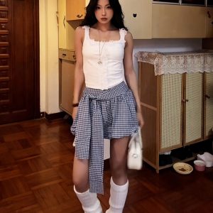 Retro Blue Checkered Floral Bud A-Line Skirt for Women - High-Waisted Hot Short Summer Fashion