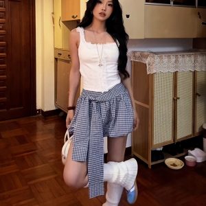 Retro Blue Checkered Floral Bud A-Line Skirt for Women - High-Waisted Hot Short Summer Fashion
