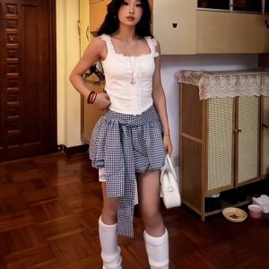 Retro Blue Checkered Floral Bud A-Line Skirt for Women - High-Waisted Hot Short Summer Fashion