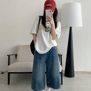 Retro Blue Denim Capris for Women - Summer Wide-Leg Cropped Pants, Straight 7-Point Mid-Length Shorts, Y2K American Style