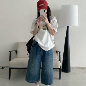 Retro Blue Denim Capris for Women - Summer Wide-Leg Cropped Pants, Straight 7-Point Mid-Length Shorts, Y2K American Style