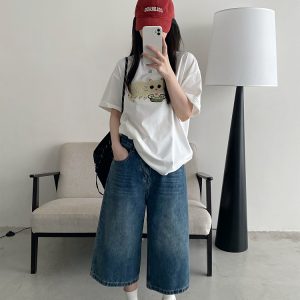 Retro Blue Denim Capris for Women - Summer Wide-Leg Cropped Pants, Straight 7-Point Mid-Length Shorts, Y2K American Style