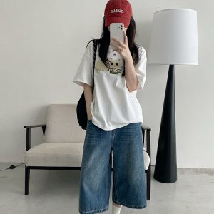 Retro Blue Denim Capris for Women - Summer Wide-Leg Cropped Pants, Straight 7-Point Mid-Length Shorts, Y2K American Style