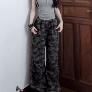 Retro Camouflage Wide-Leg Work Pants for Women - Loose-Fitting Slimming Hip-Hop Casual Floor-Length Trousers