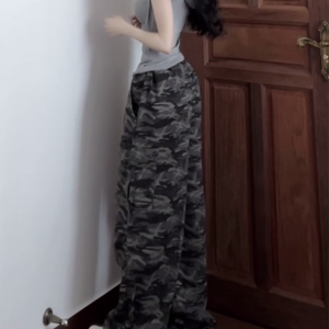 Retro Camouflage Wide-Leg Work Pants for Women - Loose-Fitting Slimming Hip-Hop Casual Floor-Length Trousers