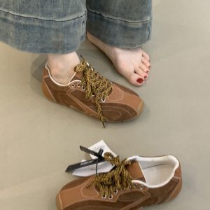 Retro Casual Color-Blocking Lace-Up Cowhide Training Shoes for Women - Flat Sports Footwear for Outdoor Running