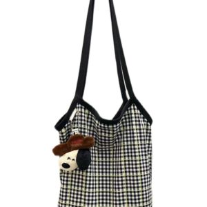 Retro Checkered Large Capacity Water Bucket Bag - Black and White Plaid Commuter Tote, Hand-Held Canvas Shopping Bag