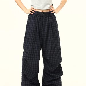 Retro Checkered Pleated Loose Drape Pants for Women - Stylish Casual Trousers, 90s Inspired Fashion