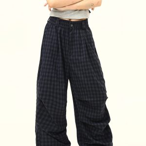 Retro Checkered Pleated Loose Drape Pants for Women - Stylish Casual Trousers, 90s Inspired Fashion