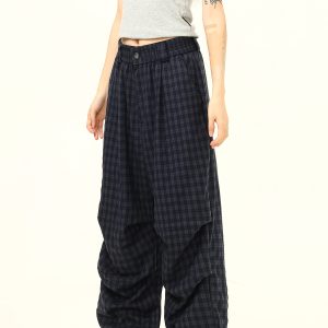 Retro Checkered Pleated Loose Drape Pants for Women - Stylish Casual Trousers, 90s Inspired Fashion
