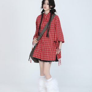 Retro Chinese-Style Red Plaid Short Sleeve Shirt for Women - Unique Loose Fit, Vintage-Inspired Fashion