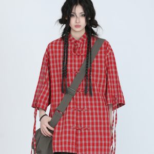 Retro Chinese-Style Red Plaid Short Sleeve Shirt for Women - Unique Loose Fit, Vintage-Inspired Fashion