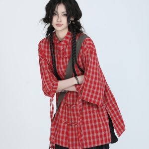 Retro Chinese-Style Red Plaid Short Sleeve Shirt for Women - Unique Loose Fit, Vintage-Inspired Fashion