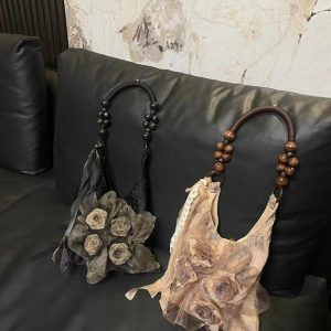 Retro Chinese Style Rose Floral Pleated Tote Bag - Large Capacity Shoulder Bag for Commuting