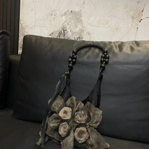 Retro Chinese Style Rose Floral Pleated Tote Bag - Large Capacity Shoulder Bag for Commuting