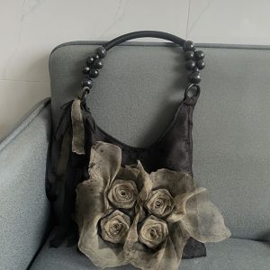 Retro Chinese Style Rose Floral Pleated Tote Bag - Large Capacity Shoulder Bag for Commuting