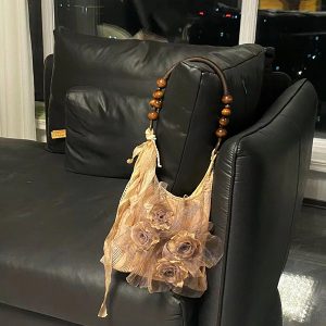 Retro Chinese Style Rose Floral Pleated Tote Bag - Large Capacity Shoulder Bag for Commuting