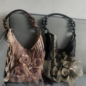 Retro Chinese Style Rose Floral Pleated Tote Bag - Large Capacity Shoulder Bag for Commuting