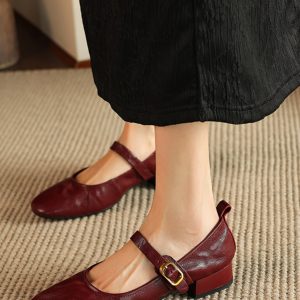 Retro Chunky Heel Mid-Heel Mary Jane Shoes for Women – 2025 Spring/Summer Soft Sole Round Toe Lambskin Footwear